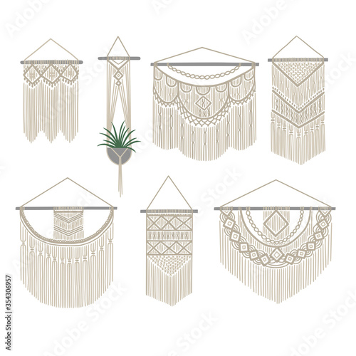Set of DIY wall hanging. Collection of boho knitting decoration. Cotton cord plant hanger and macrame decor. Vector illustration. photo