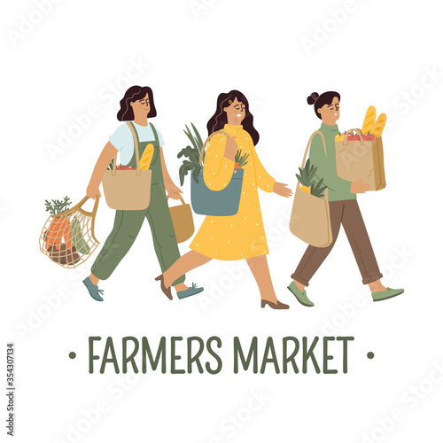 Women holding reusable cotton and string bags with farmers vegetables. Template for eco friendly, green lifestyle, healthy eating, farmers vegetables, local business support. Vector illustration