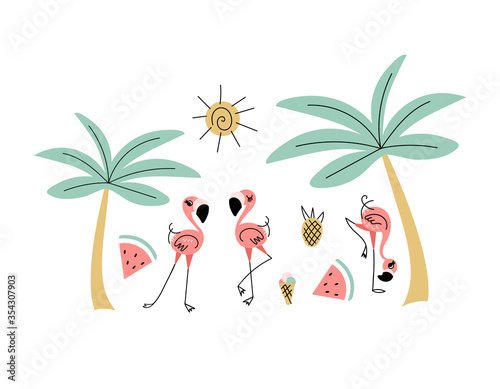 Summer tropical collection. Pink flamingos, palm trees and fruits on white background. Vector illustration.