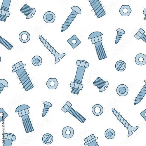 Seamless pattern of fasteners. Bolts, screws and nuts in doodle style. Hand drawn building material. Color vector illustration on white background