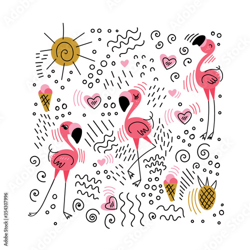 Summer tropical doodle collection. Pink flamingos, fruits and sun with fillers on white background. Vector illustration.