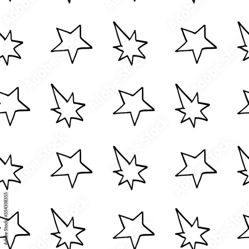 Seamless pattern with creative black-and-white doodle stars on white background. Vector image.