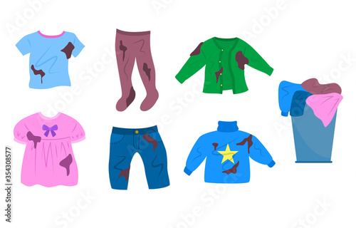 Cartoon Color Dirty Clothes and a Laundry Basket Set. Vector