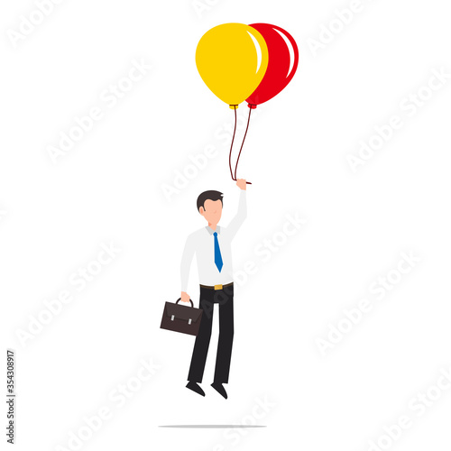 Cartoon character illustration of successful young business man flying on colorful balloons. Flat design isolated on white.