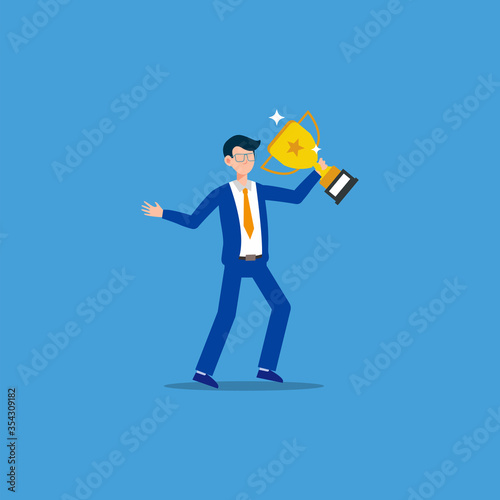 Cartoon character illustration of successful young business man with gold trophy. Flat design isolated on blue.