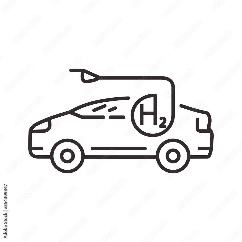 Car sedan hydrogen filling. Vehicle refueling. Outline vector isolated on white background.