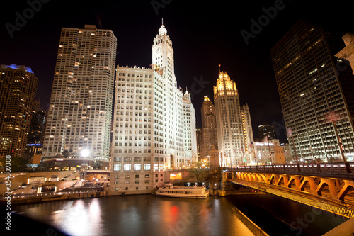 Cityscape of buildings around the Chicago River  Chicago  Illinois  United States