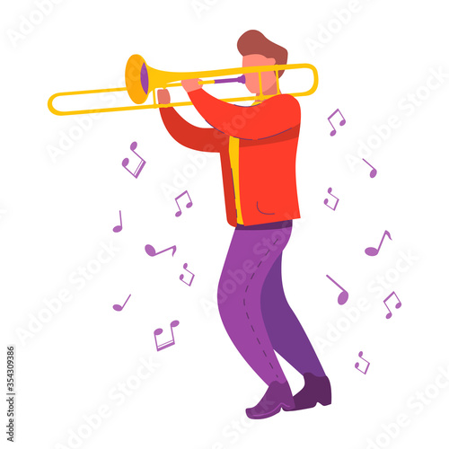  Man playing the trombone. Funky jazz musician. Modern flat vector illustration.