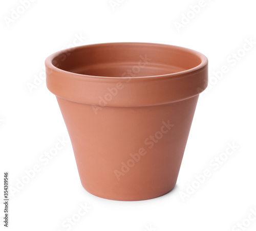 Stylish terracotta flower pot isolated on white
