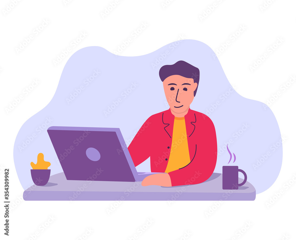 Stay home banner.Guy with a laptop work online. Quarantine or self-isolation.Remote work at home during coronavirus.Man distantly works.Cartoon character vector.Freelancer at home. Stay home banner.Guy with a laptop work online. Quarantine or self-isolation.Remote work at home during coronavirus.Man distantly works.Cartoon character vector.Freelancer at home.