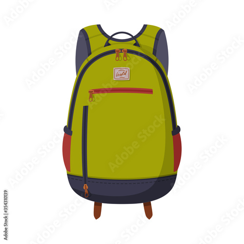 Green Backpack for Schoolchildren or Students, Front View of Travel Bag for Backpacking Flat Style Vector Illustration