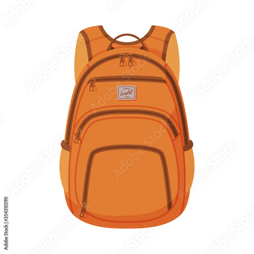 Orange Backpack, Front View of Schoolbag or Camping Rucksack Flat Style Vector Illustration on White Background