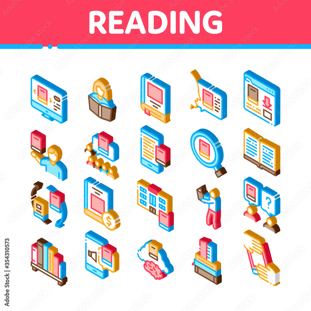 Reading Library Book Icons Set Vector. Isometric Reading And Learning, Smartphone And Computer Education E-book, Shelf With Literature Illustrations Reading Library Book Icons Set Vector. Isometric Reading And Learning, Smartphone And Computer Education E-book, Shelf With Literature Illustrations