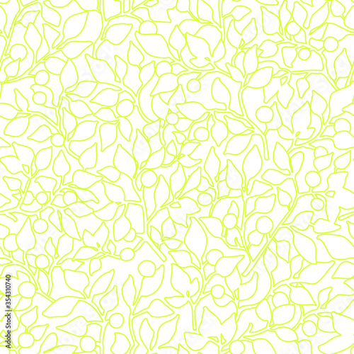 Outline wild blueberry seamless pattern. Vector texture of blueberry bushes. Great for packaging, textile, backdrop.