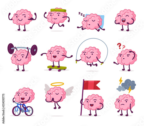 Cute Pink Brain with Various Emotions Set, Funny Human Nervous System Organ Cartoon Character in Different Situations Vector Illustration on White Background