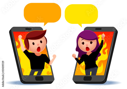 Vector cute protester characters on mobile phone, smart phone with speech bubbles