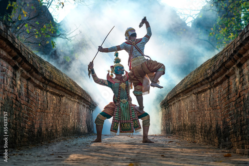 Photography KHON THAI, the giant fighting with Hanuman or the white monkey, the character of Ramayana in Thai literature