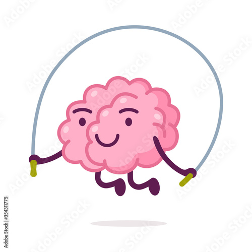 Cute Pink Brain Jumping Rope, Funny Human Nervous System Organ Cartoon Character Vector Illustration on White Background