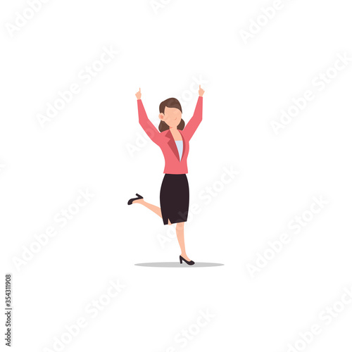 Fototapeta Naklejka Na Ścianę i Meble -  Cartoon character illustration of successful young business woman pointing hand finger up or showing one sign. Flat design isolated on white background.