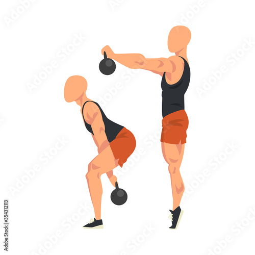 Man Doing Squats with Kettlebell in Two Steps, Side View of Male Athlete Doing Sports for Fit Body, Buttock Workout Vector Illustration on White Background