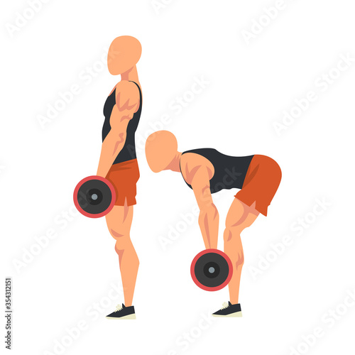 Man Doing Dumbbell Deadlift in Two Steps, Male Athlete Doing Sports for Fit Body, Buttock Workout Vector Illustration Isolated on White Background