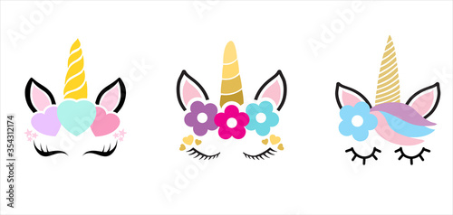 Hand drawn vector illustration of a cute funny unicorn heads with a set of different glasses, sunglasses, trendy hats and accessories. Isolated objects. Design concept for children.