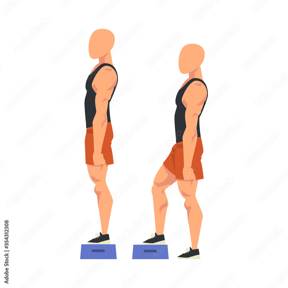 Man Doing Exercise Using Steps Platform in Two Steps, Male Athlete Doing Sports for Fit Body, Buttock Workout Vector Illustration on White Background Man Doing Exercise Using Steps Platform in Two Steps, Male Athlete Doing Sports for Fit Body, Buttock Workout Vector Illustration on White Background