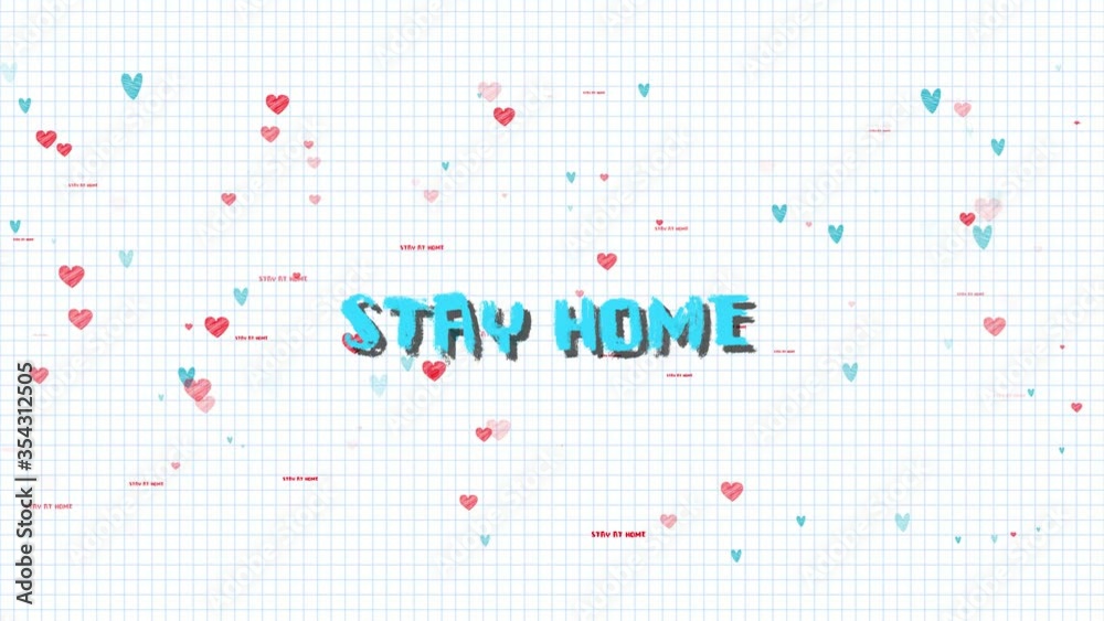 Social media campaign for pandemic coronavirus covid-19 prevention. Kid drawing with colored pencils during quarantine at home. Drawing with Inscription message Stay at home Social media campaign for pandemic coronavirus covid-19 prevention. Kid drawing with colored pencils during quarantine at home. Drawing with Inscription message Stay at home
