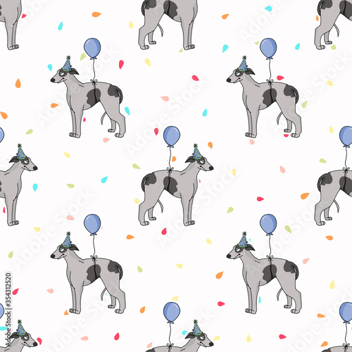 Hand drawn cute greyhound dog with party hat seamless vector pattern. Purebred pedigree fast puppy celebration background. Dog lover agility dog pet all over print. Kennel Pooch. EPS 10.  photo