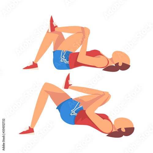Woman Doing Glute Exercise with Hip Raise in Two Steps, Girl Doing Sports Firming her Body, Buttock Workout Vector Illustration on White Background