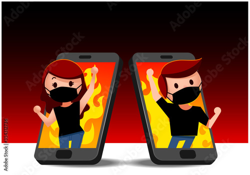 Vector cute protester characters wearing mask on mobile phone, smart phone