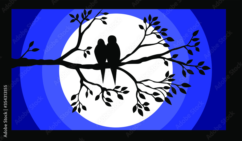 Vettoriale Stock Digital Landscape art of two birds sitting on a branch and  watching moon with Blue background | Adobe Stock