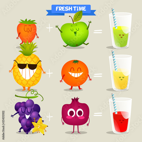 A set of cute fruit. Illustration with funny characters. Love and hearts. Time to fresh. 