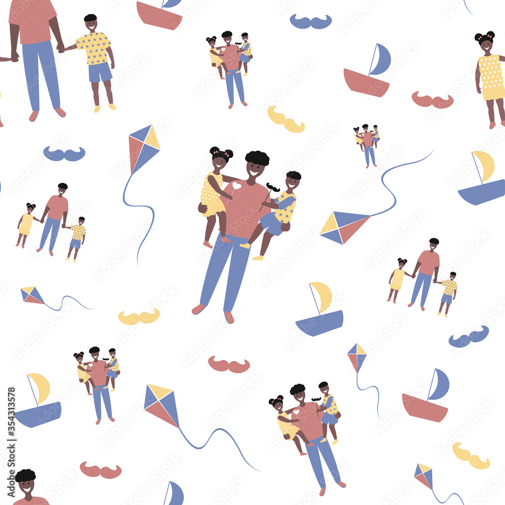 Father's day  seamless pattern  in flat style. Vector of love dad  and Fathers day Concept, happy african american family, father and two children