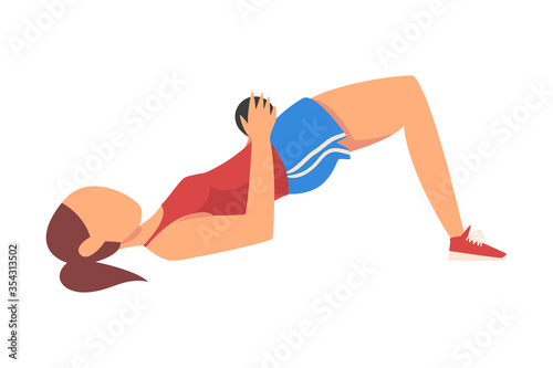 Woman Doing Glute Bridge Exercise, Girl Doing Sports Firming her Body, Buttock Workout Vector Illustration on White Background