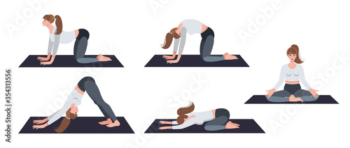 Vector yoga set. Woman in different yoga poses. Can be used as print, poster, stickers, packaging design.