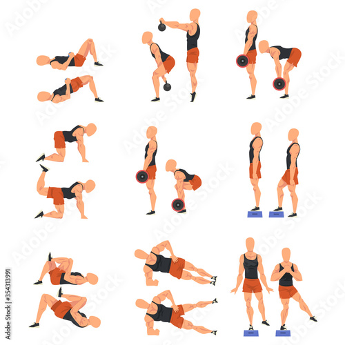 Male Athlete Doing Sports for Fit Body, Buttock Workout Vector Illustration Isolated on White Background