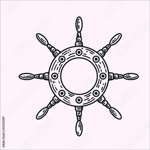 Nautical black helm isolated on white. Ship and boat steering wheel sign. Boat wheel control icon. Rudder label. Vector flat illustration. engraving vintage logo icon design asset. sea voyage