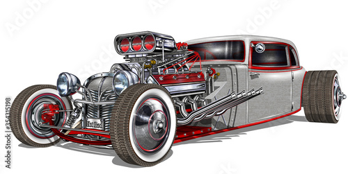 Vintage Hot Rod car isolated on white background. 