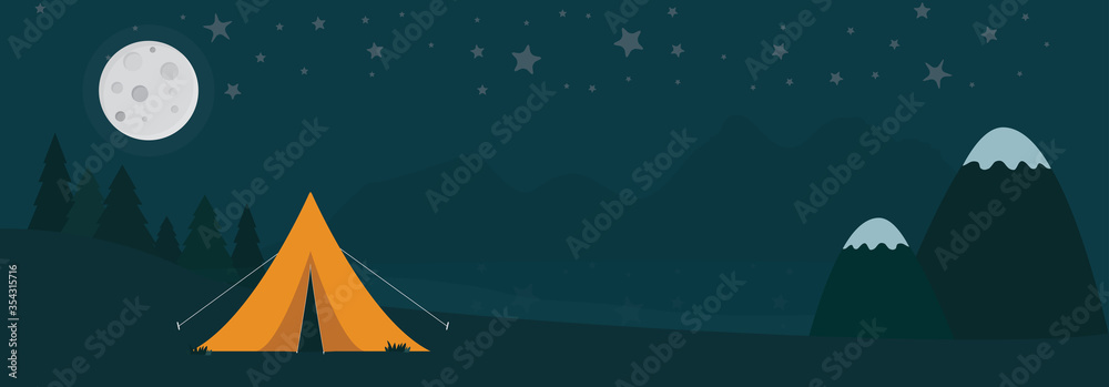Camping in the wild during night. Vector illustration  of tranquil scene in the wilderness with yellow tent, moon, river, trees and mountains.