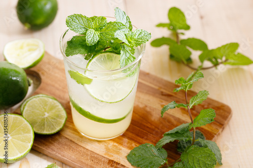 Lemonade or mojito cocktail with fresh lime and mint leaves