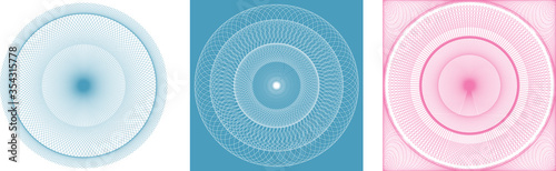 Spirograph guilloche for protection and security on certificates, coupons, passports, identification documents and award badges and diplomas. Three different circular pattern in blue white and pink.