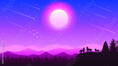 Sky Background Vector Silhouette With Mountains Forest And Wolves