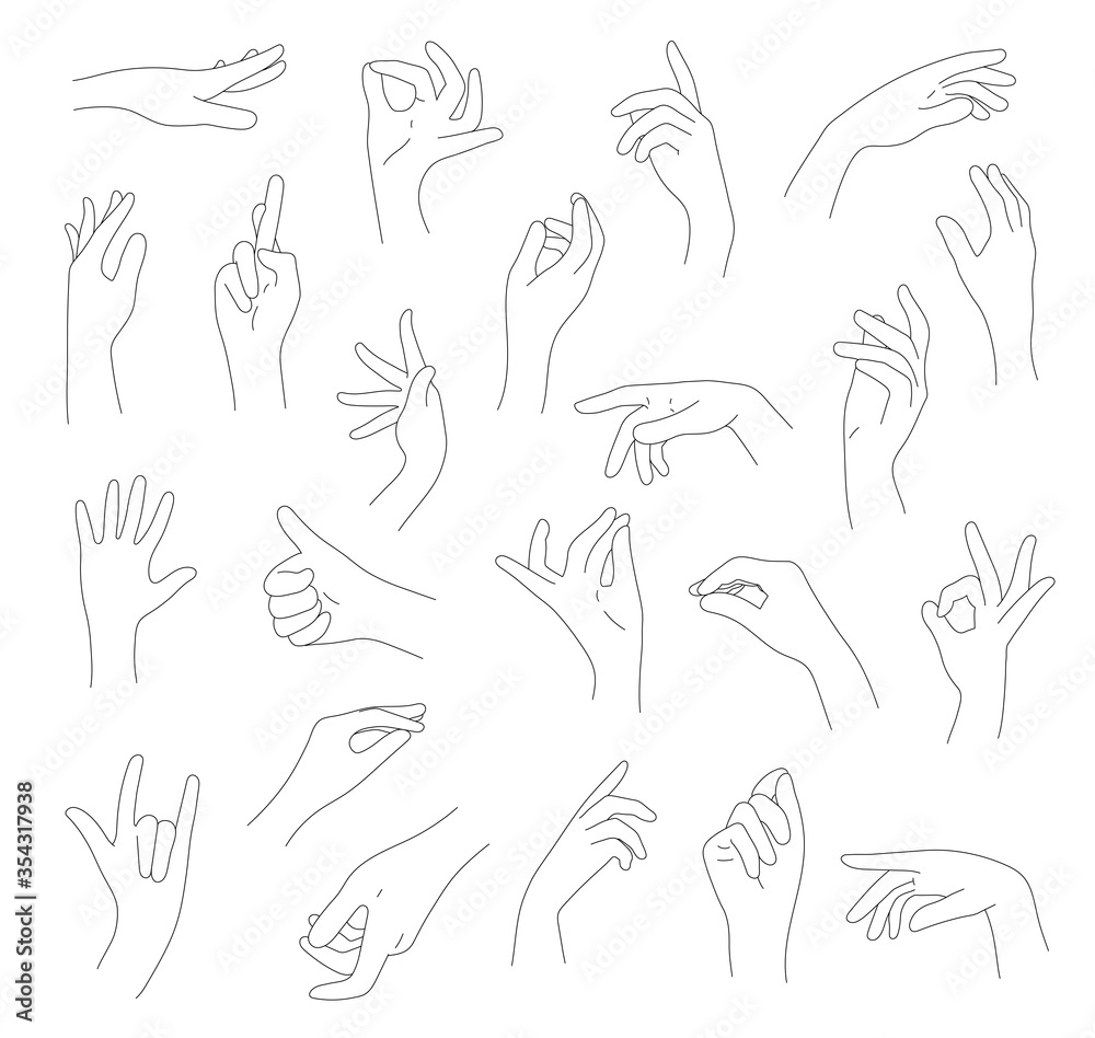 Collection of hands and fingers vector illustration. Line of hand gestures. Logo and graphic design arms on white background.