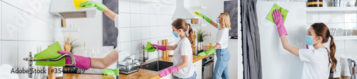 collage of sisters in medical masks and rubber gloves cleaning kitchen