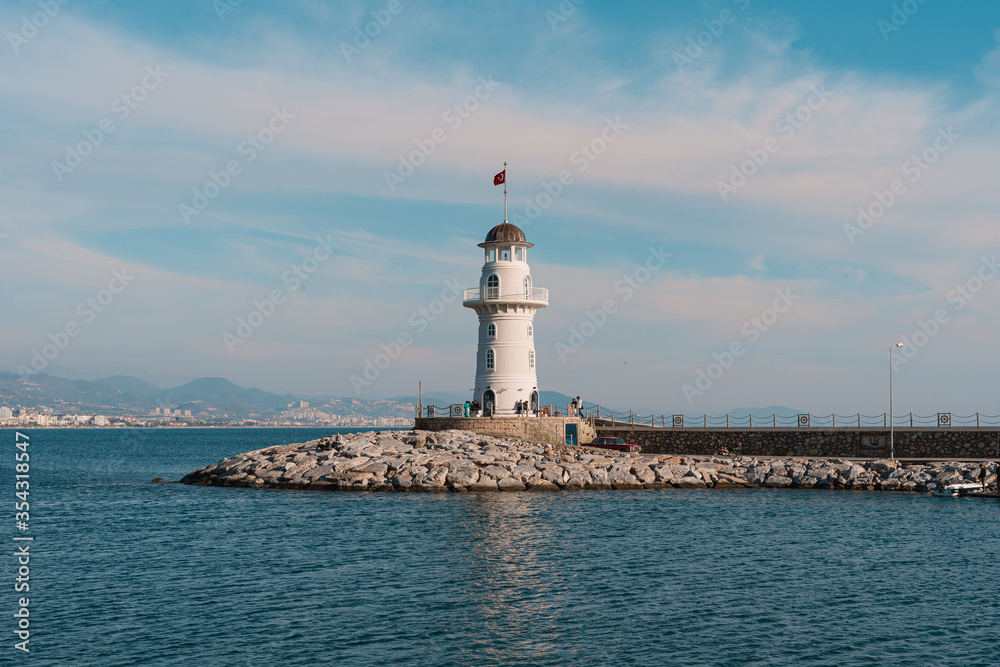 Gelidonya sea view of Lighthouse at cape in Mediterranean sea, Antalya Province in Turkey.