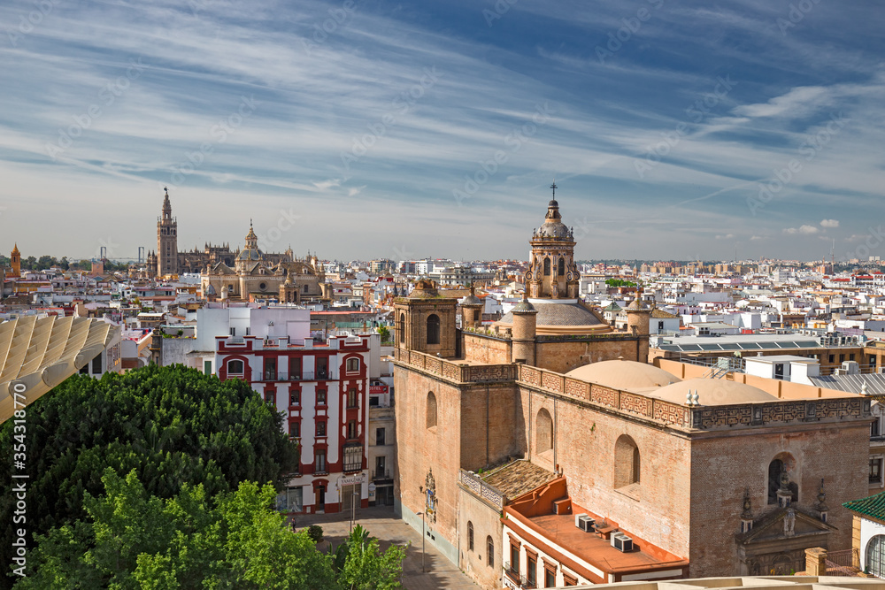 Panoramic view from the top of the city of Seville, Spain.