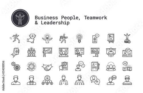 Business people, human resources, presentation, motivational speech thin line icons. Management, employee organization structure, team work, training seminar, conference pictogram for web, mobile app.