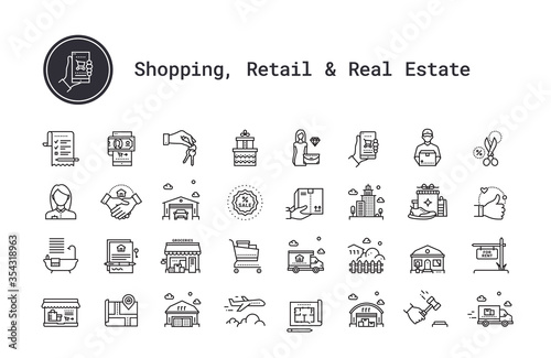 E-commerce, shopping, retail, real estate business thin line icons set. Modern linear logo concept for web, mobile application. Online shop, delivery, moving service, realty business vector pictogram.