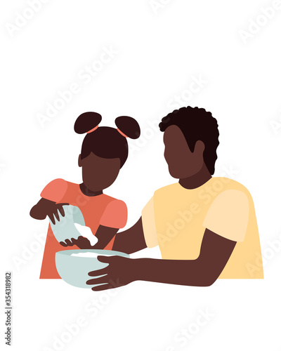 black male dad and baby daughter are preparing cookies. flat vector illustration, front view. father s day